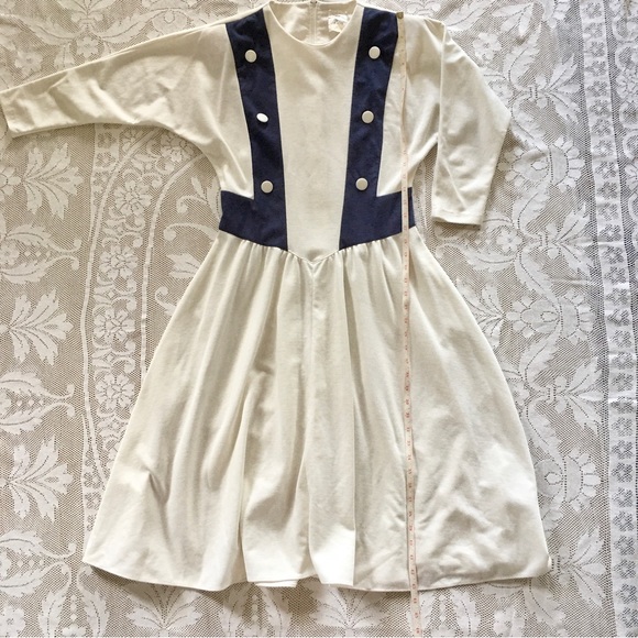 Vintage wool blend Tradition Sears cream and navy blue batwing midi dress size 8 - Picture 4 of 16